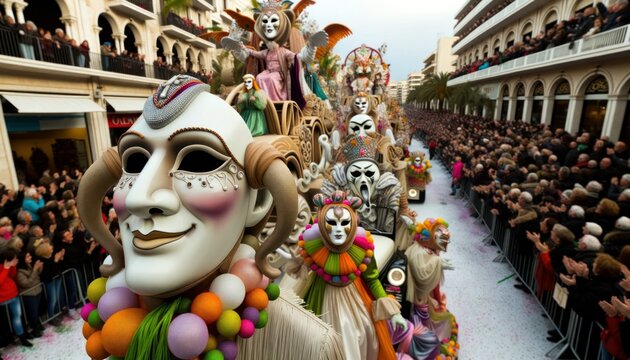 Close-up photo of a grand parade, with floats showcasing artistic brilliance and creativity.
