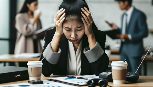 Close-up photo of an Asian businesswoman, deeply stressed, with her hands cradling her head.
