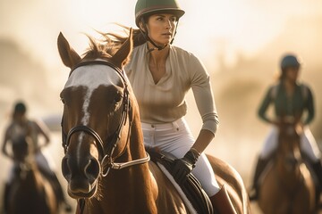 Horse racing at equestrian competitions at the hippodrome. Girl on a horse. Sports concept. Victory - obrazy, fototapety, plakaty