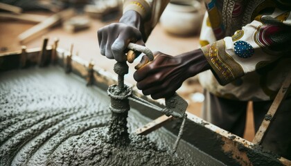 Close-up photo depicting an African female worker expertly guiding the flow of concrete on a construction site. - obrazy, fototapety, plakaty