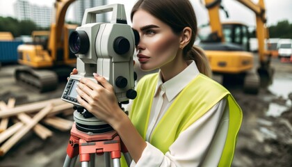 Close-up photo of a surveyor, a woman of European descent, dressed in a high-visibility vest, intently peering through a theodolite. - obrazy, fototapety, plakaty