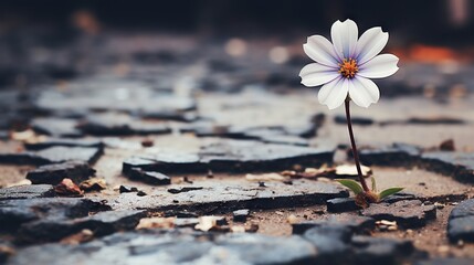  a single white flower sitting on top of a cracked ground.  generative ai