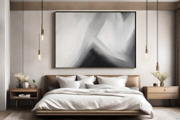 A close-up of a Canvas Frame for a mockup in a modern bedroom, highlighting the juxtaposition of the canvas's matte finish against the sheen of silk bed linens