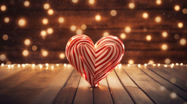 Heart-shaped candy canes on a wooden surface with Christmas lights