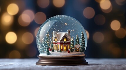 Fototapeta na wymiar Detailed snow globe with Victorian village scene and drifting snowflakes against blurred Christmas lights
