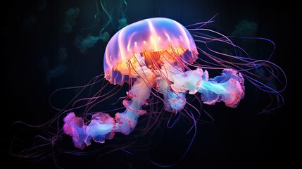 Obraz premium a group of jellyfish floating in the water at night. generative ai