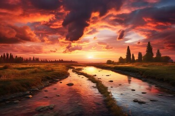 Scenic river flowing through landscape at sunset with colorful sky. Generative AI