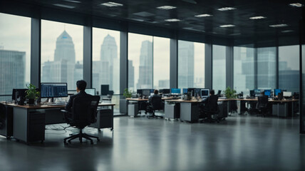 Fototapeta na wymiar Office interior with panoramic windows and city view. Workplace and technology concept