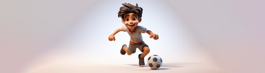 Cartoon character in style, banner copy space background, Cute animated figure standing with a ball playing a sports game soccer football . - obrazy, fototapety, plakaty