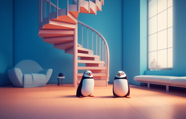 Cute toy penguins in interior of kids room with spiral staircase. Stylish comfortable interior in minimal style