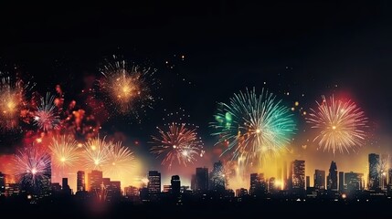 Fototapeta na wymiar Multicolor fireworks explosion in night sky. Defocused night city background.