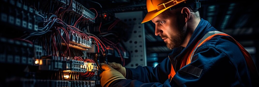 An experienced electrician repairing a complex electrical system in an industrial setting