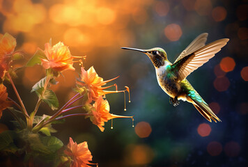 Fototapeta premium Scaly-breasted hummingbird feeding on flowers. Created with Generative AI