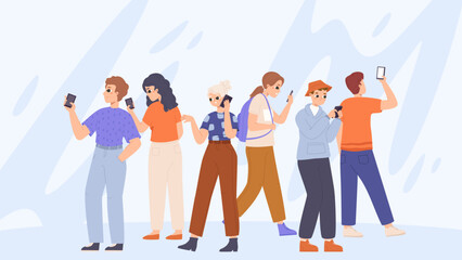 Teens communication online, gadget addiction concept. Young adults using smartphones on walk, posting and chatting. Digital time snugly vector scene