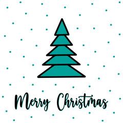 Geometric christmas tree greeting card with Merry Christmas lettering. Doodle minimalist Christmas tree with snowfall on background Doodle thin line Christmas tree in geometric style Geometric spruce.