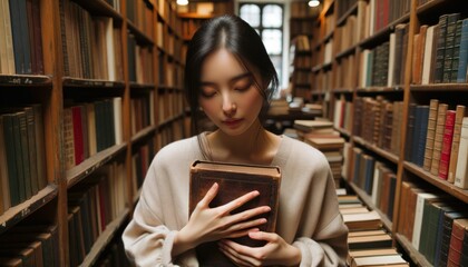 Photo capturing a peaceful Asian woman in a quiet bookstore, surrounded by wooden shelves filled with literary treasures.