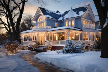 Christmas festive blue house with white trim stands amidst snow-covered trees under a pinkish-orange sky at sunset.