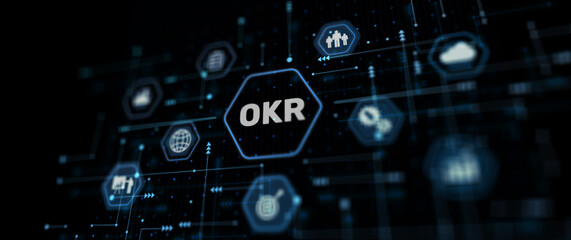 OKR Objective key result business technology finance concept. Abstract background