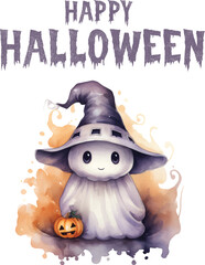 vector Happy Halloween cute ghost with pumpkin watercolor illustration