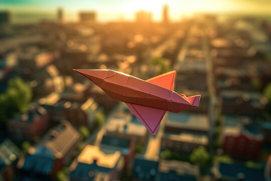 Paper airplane flies in the middle of a metropolis