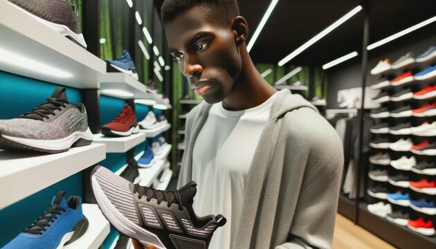Close-up photo of a fit African woman in a sleek, modern athletic store. The shelves display a range of sports gear.