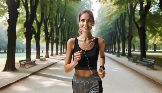 Photo of a European woman, in athletic wear and headphones, jogging on a beautiful path lined with trees in the park.