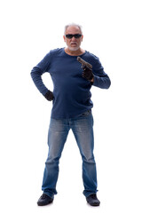 Fototapeta premium Old male burglar holding handgun isolated on white