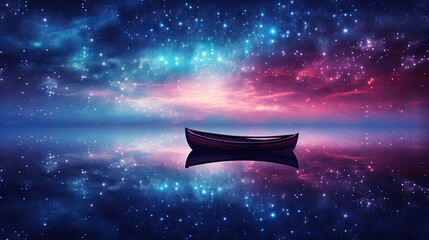  a boat floating on top of a body of water under a sky filled with stars.  generative ai
