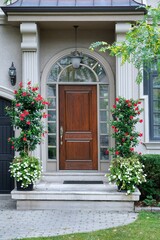 Home entrance with elegant wood grain front door and red flowers
