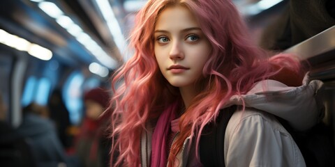 Fototapeta na wymiar cool young girl with pink hair on a futuristic train station