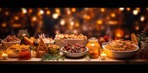 Fototapeta premium panoramic image of a Christmas buffet