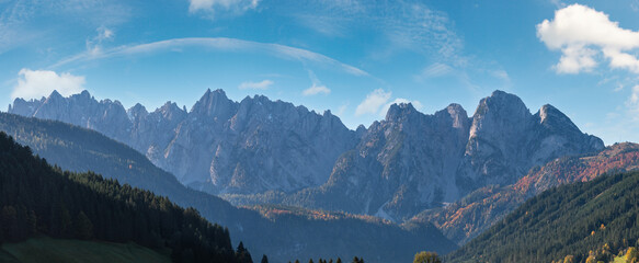 Alps mountain panoramic view from Gosau village outskirts, Austria