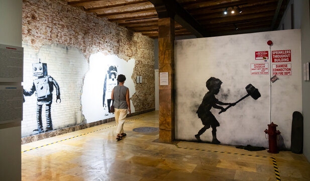 Barcelona, Spain - September 14, 2023: Interior of Barcelona Banksy Museum, to exhibiting modern and contemporary art