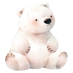 Fototapeta premium Watercolor cute little polar bear isolated on white background. Cartoon polar animal. Baby shower card. Illustration for greeting card, kids birthday, invitation, poster or banner