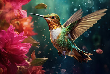 Fototapeta premium Scaly-breasted hummingbird feeding on flowers. Created with Generative AI