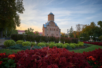 Ancient ukrainian Pyatnytska church at the sunset