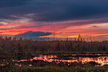 Colorful sinset on the bog at Autumn
