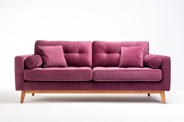 Minimalist Marvel Studio shot of a burgundy sofa on a carpet isolated on white background