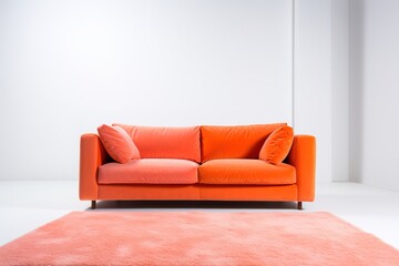 White minimalist living room interior with coral sofa on a wooden floor, decor on a large wall, white landscape in window. Home nordic interior. 3D illustration