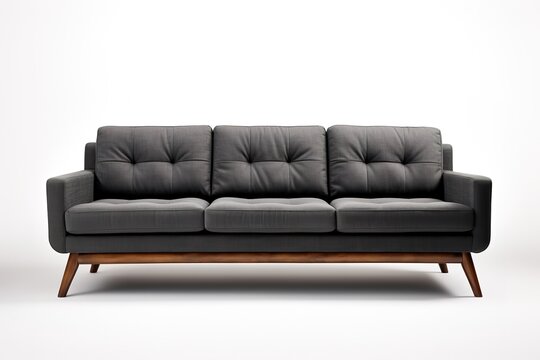 Minimalist Marvel Studio shot of a charcoal grey sofa on a carpet isolated on white background