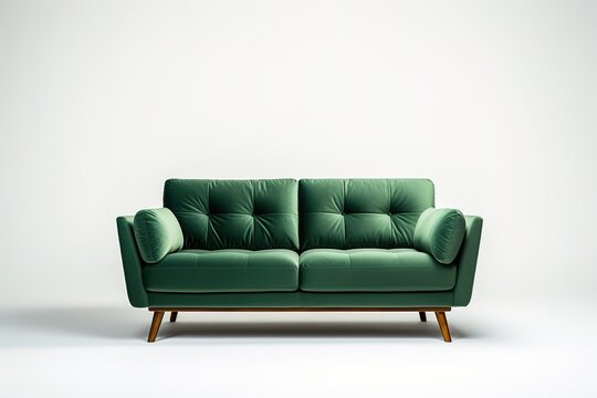 Minimalist Marvel Studio shot of a forest green sofa on a carpet isolated on white background