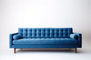 Blue fabric sofa on brushed metal legs with pillows isolated on white background. Series of furniture