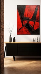 Geometric Elegance on a Grand Scale: A Red and Black Abstract Painting Embodies the Essence of Molecular Art with Kinetic Lines and Contrasting Backgrounds.