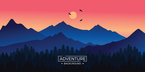 Adventure mountains sunset background with red light reflection and pine trees lined up. Background illustration.	
