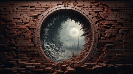  a hole in a brick wall with a full moon in the background.  generative ai