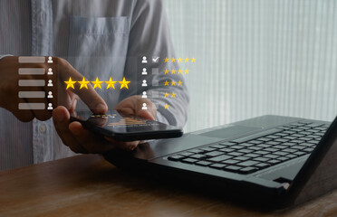 Consumer online review concepts with bubble people review comments and ratings or feedback for evaluation. Customer Service Experience Satisfaction Survey. Business digital marketing technology.
