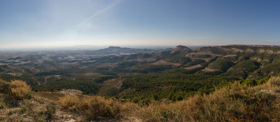 Panoramic view of the Bardena Negra or Bardena black desert landscape of Bardenas Reales with vegetation, Navarra, Spain