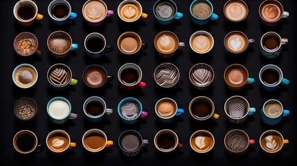 a collection of coffee cups with different designs and shapes on them.  generative ai
