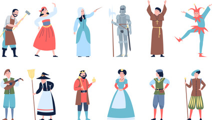 Fairy tale characters. Medieval kingdom citizens, queen and king, knight in armor. Magic witch and dancers, actors and musician recent vector set