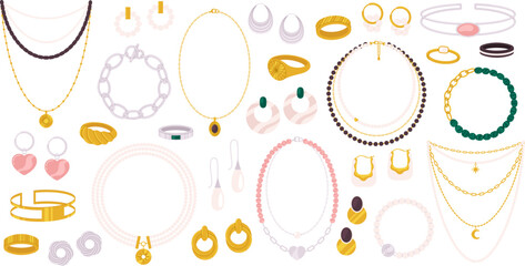 Flat gold silver jewelry collection. Ring and necklace, earrings with pearls and stones. Flat fashion female accessories racy vector clipart - obrazy, fototapety, plakaty
